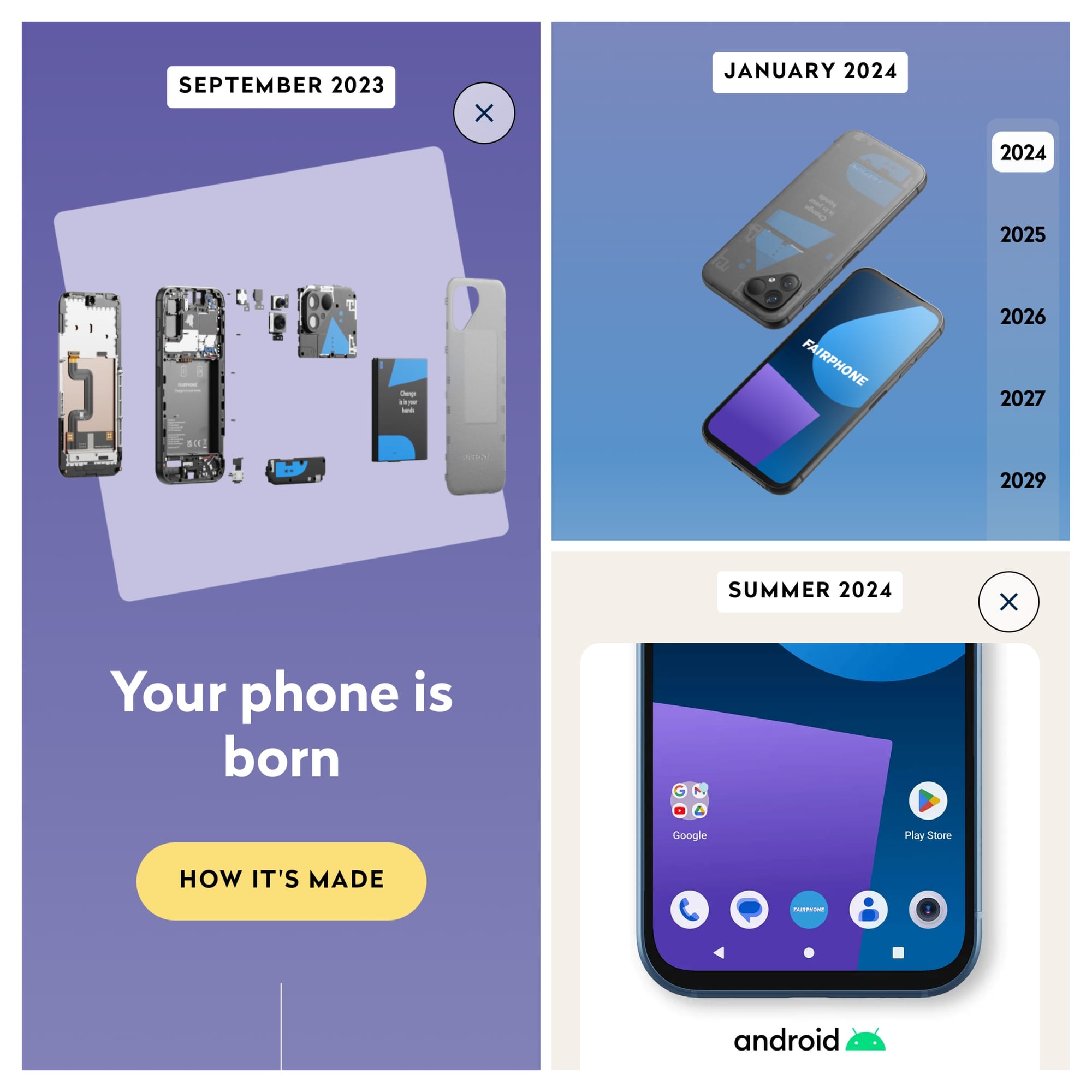 The image is a three-panel graphic illustrating the evolution of a smartphone. The first panel, dated September 2023, displays disassembled smartphone components. The second panel, dated January 2024, shows a completed smartphone with the Android logo on its screen, alongside future years listed from 2024 to 2029. The bottom half of the image is divided into two sections; the left side says “Your phone is born” above an arrow pointing to the right, indicating the assembly process of a phone. The right side shows a close-up view of an Android smartphone’s interface with various app icons and is labeled “Summer 2024.”