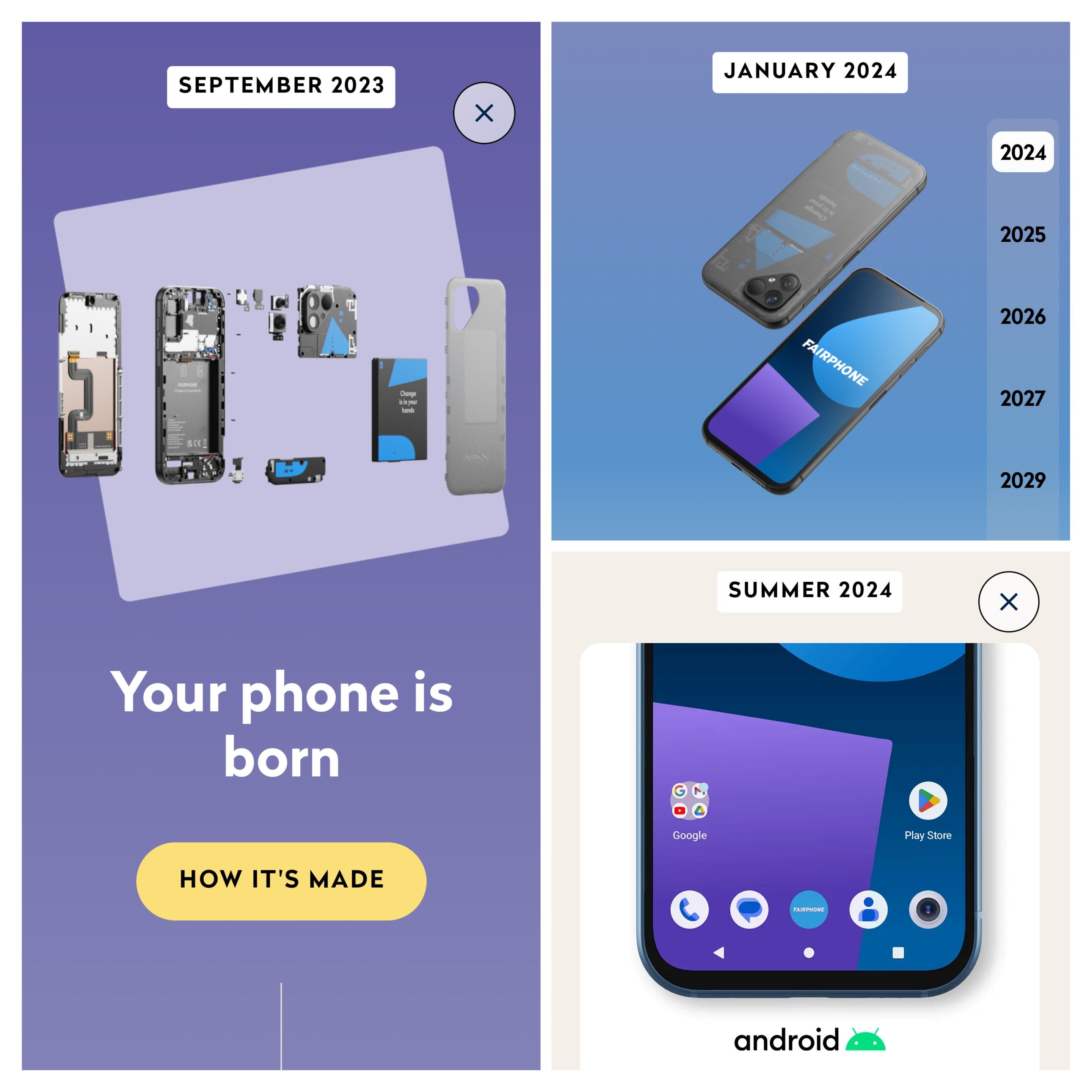 The image is a three-panel graphic illustrating the evolution of a smartphone. The first panel, dated September 2023, displays disassembled smartphone components. The second panel, dated January 2024, shows a completed smartphone with the Android logo on its screen, alongside future years listed from 2024 to 2029. The bottom half of the image is divided into two sections; the left side says “Your phone is born” above an arrow pointing to the right, indicating the assembly process of a phone. The right side shows a close-up view of an Android smartphone’s interface with various app icons and is labeled “Summer 2024.”